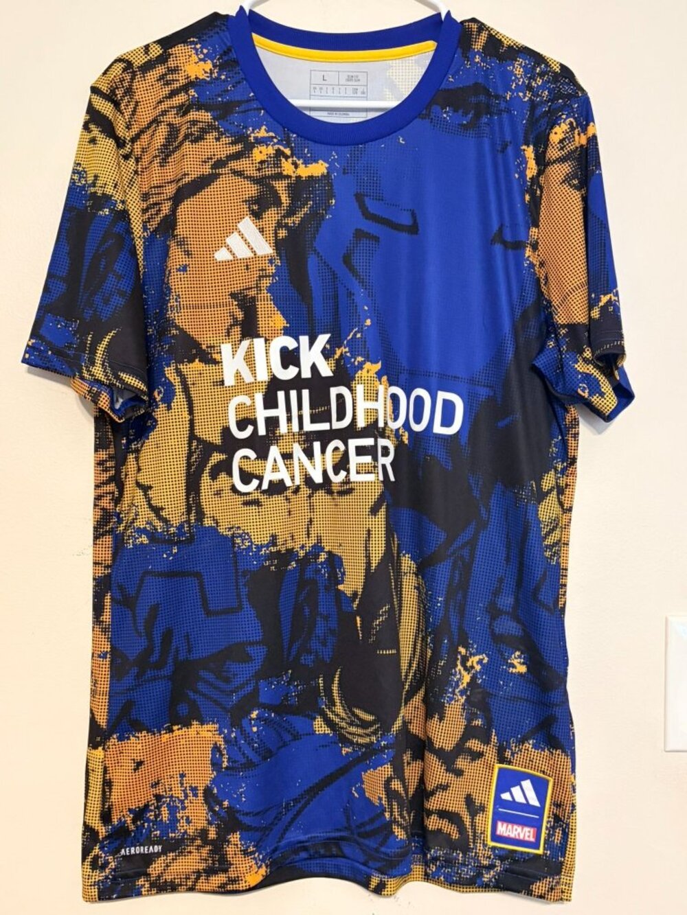 MLS x Marvel Adidas Kick Childhood Cancer Blue/Gold Warmup Kit Size Large